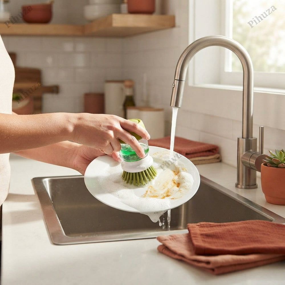 Hands using a soap dispensing dish brush to clean a plate in a kitchen sink with a terracotta towel nearby.